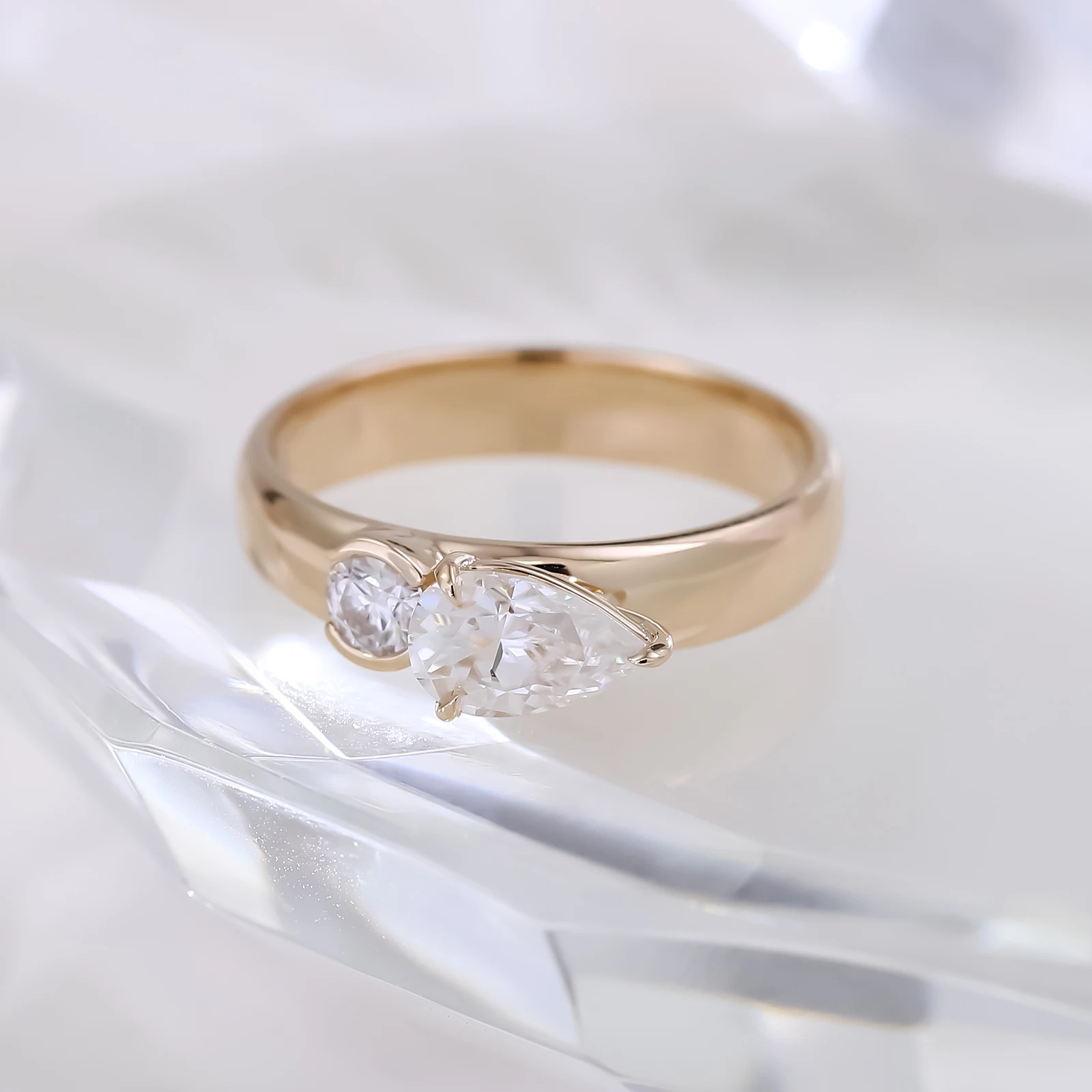 

Provence 14K Yellow Gold Two Stone Ring With Round and Pear Moissanite Diamonds For Women Half Bezel And Pong Setting Ring