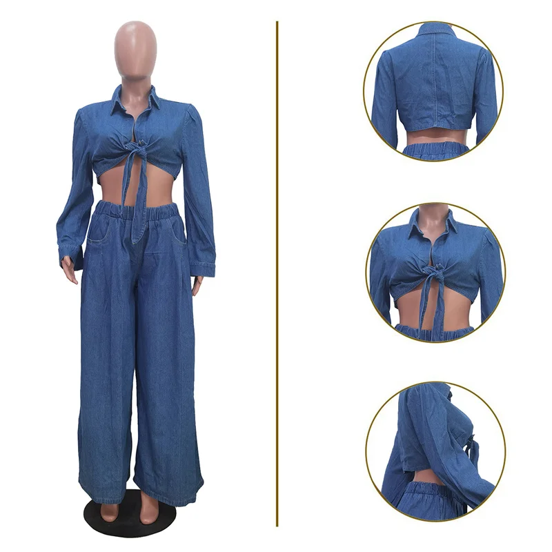 Streetwear Denim 2 Piece Outfit Set Women Autumn Winter Loose Fit Lace-up Crop Top and Wide Leg Pants New in Matching Sets Jeans