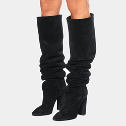 Arden Furtado 2024 Winter Suede Pleated over the knee high boots Pointed toe Slip-on Super high heel Large tubular boots