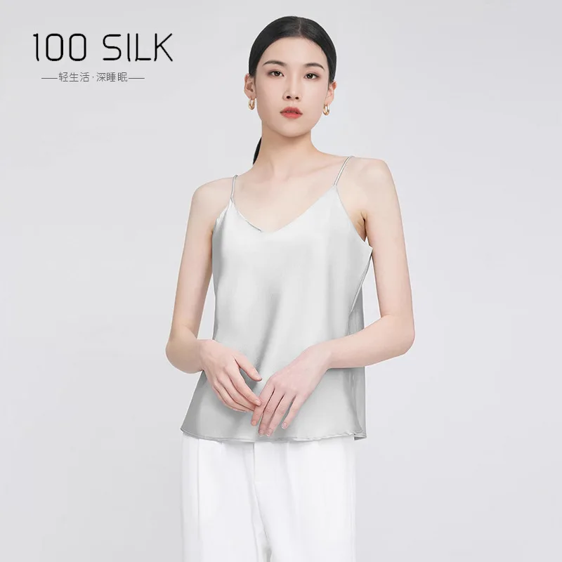 

Women 100% Mulberry Silk Camisole Satin V Neck Spaghetti Strap Tank Top Luxury Vest Loose Sleeveless Blouse Office Inner Wear