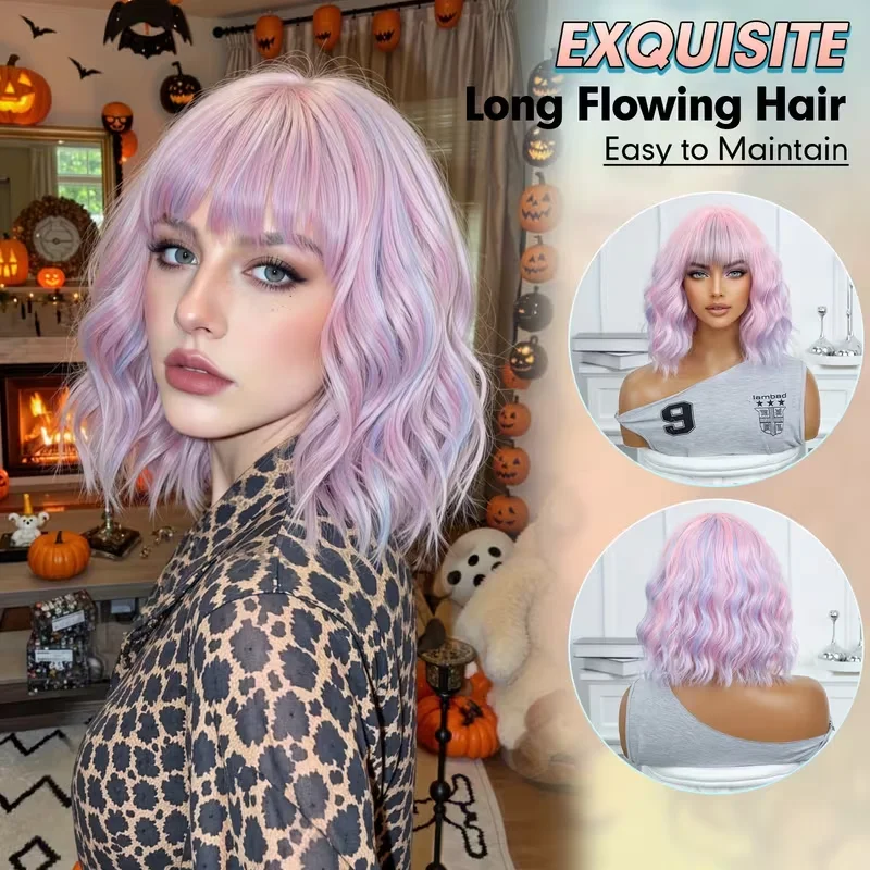 

Short Wavy Colorful Synthetic Wigs For Women Shoulder Length Pink And Blue Highlight Wigs With Bangs Cosplay Lolita Party Wigs