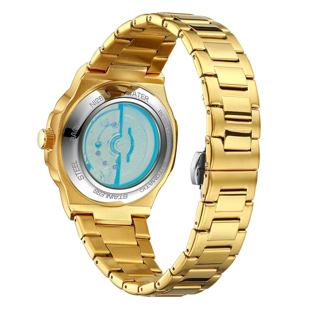 NIBOSI orologio al quarzo in oro di lusso di marca da uomo in acciaio inossidabile impermeabile luminoso moda cassa meccanica design posteriore orologi quadrati