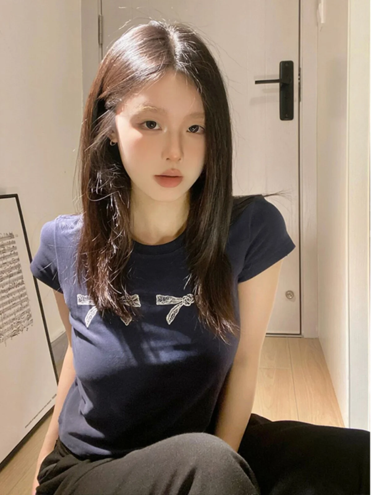 Slim Fit Short Sleeve T-Shirt Women's Summer Design Sense American Retro Spicy Girl Shoulder Width Regular Cotton round Neck