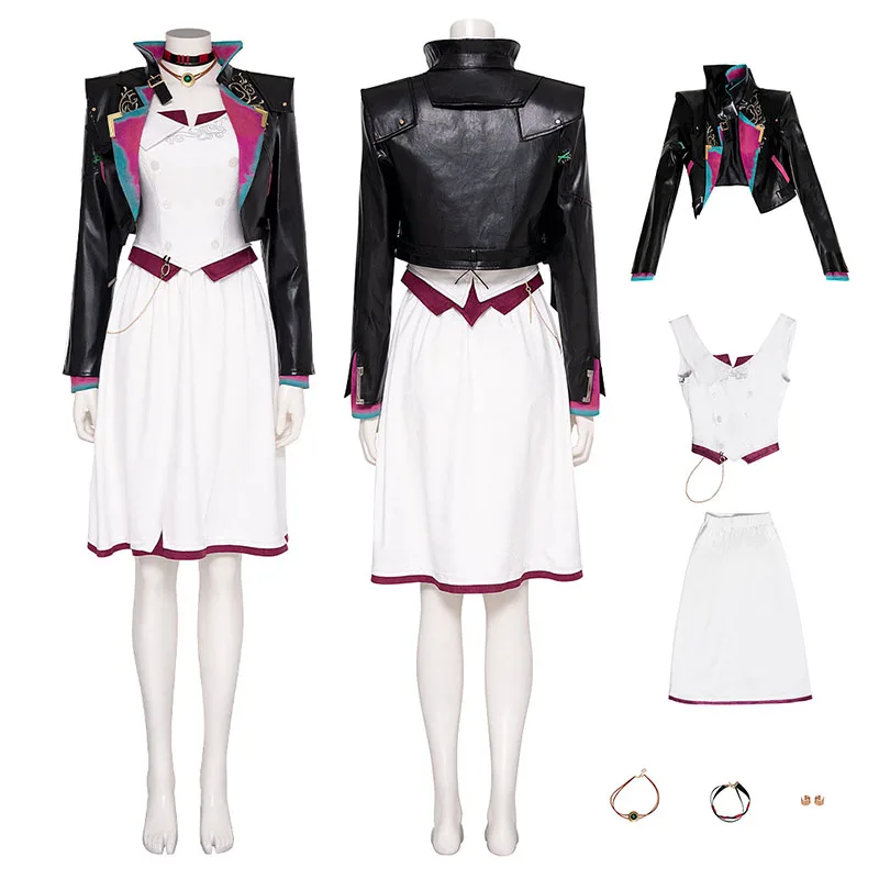 Game LOL Arcane Season 2 Powder Jinx Cosplay Costume Halloween Party Dance Dress PU Leather Jacket Tops Skirt Necklace Earrings