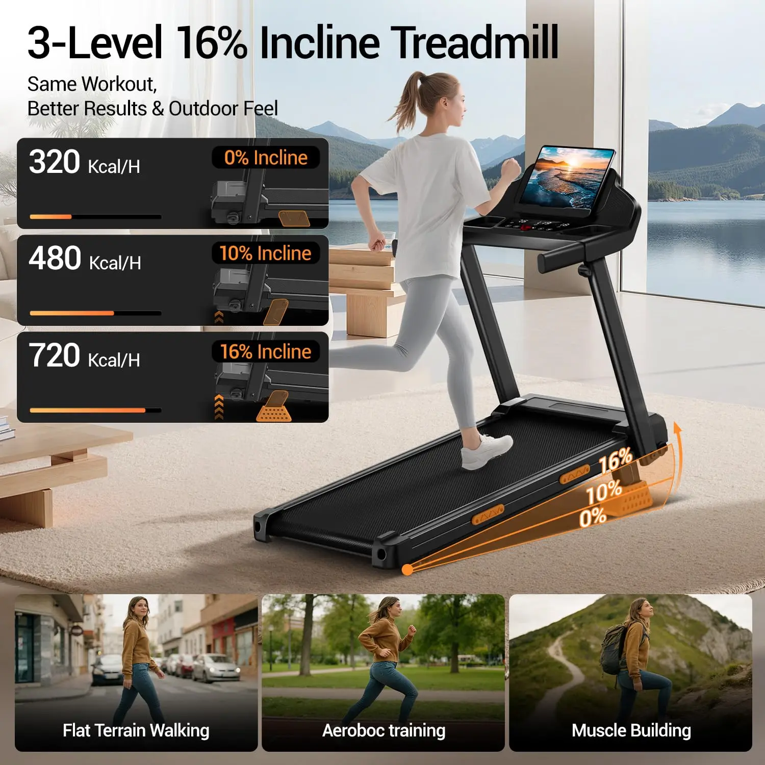 16% Incline Treadmills for Home, Foldable Treadmill with Incline