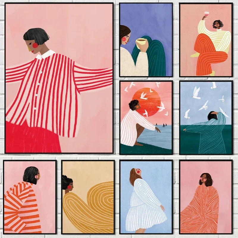 1pc frameless Canvas Painting Red & Pink Striped Women Canvas Prints Minimalist Lines Smallest Portrait Illustration Art Posters