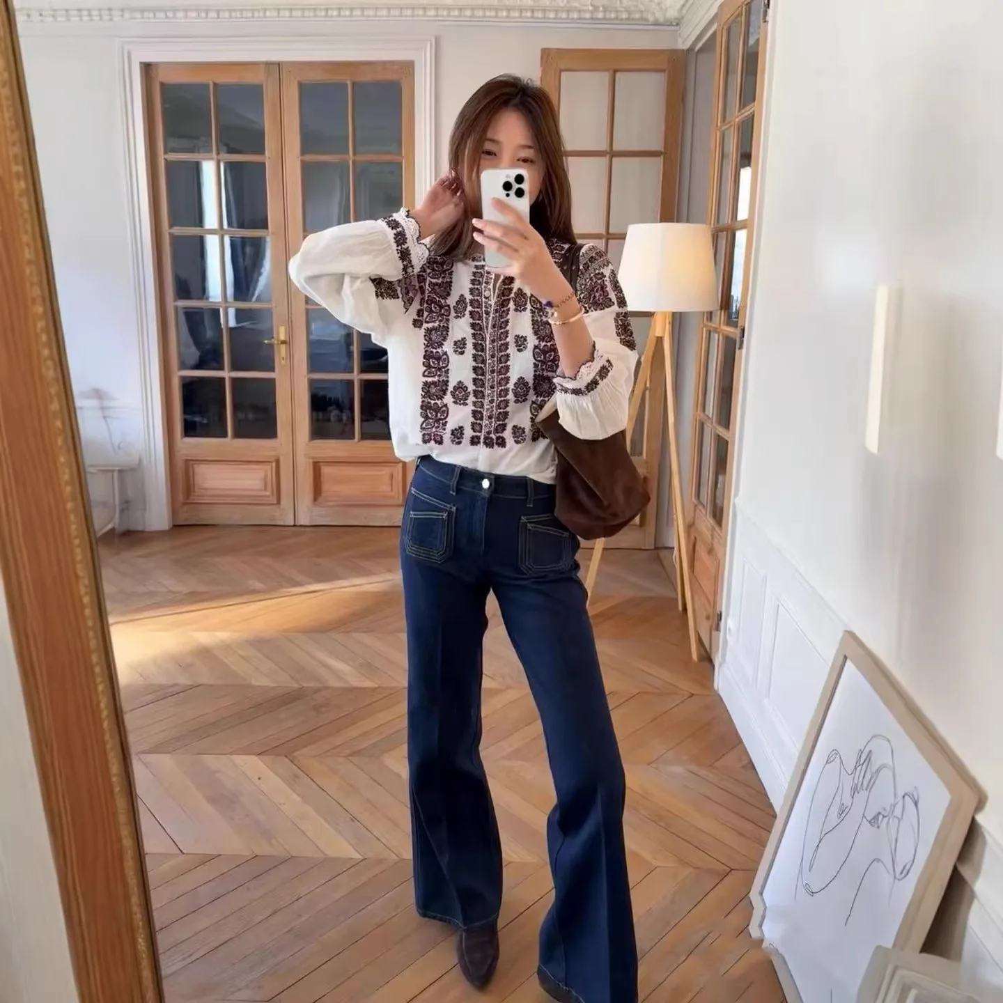 

Женская рубашка свободного кроя с длинным рукавом и круглым вырезом в стиле ретро, с вышивкой и цветочным узором, универсальная, весна-осень, новинка