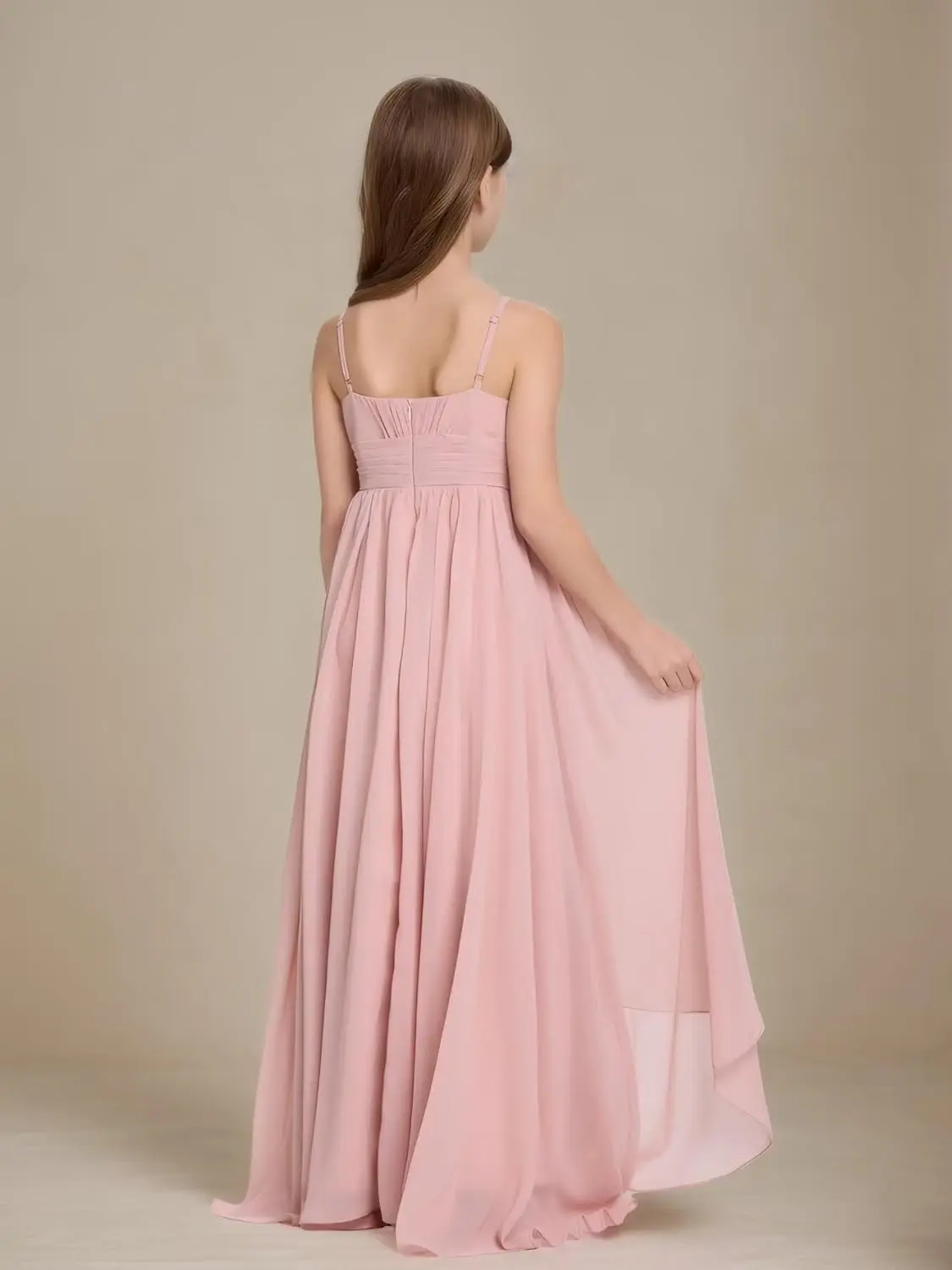 Een lijn junior bruidsmeisjekleding hoog laag chiffon geplooide bloemenmeisjesjurk spaghettibandjes bruiloft optocht jurk