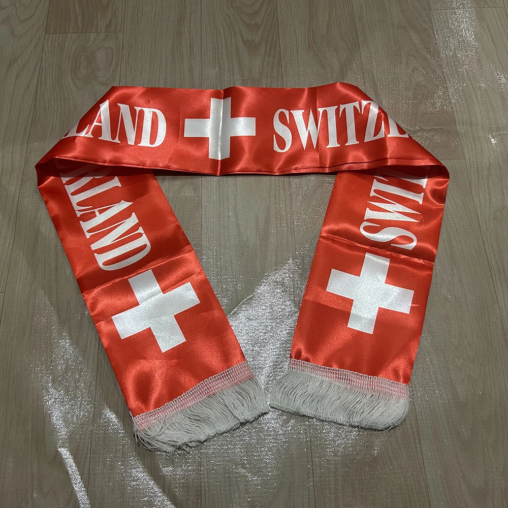 （TIKI FLAG）Switzerland Scarf 14x135cm Double-sided Printed CH Switzerland Flag Satin Swiss Scarf for world cup Sports Events