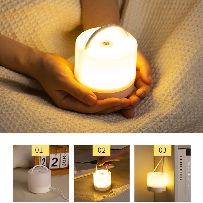 LED Touch Switch Rechargeable Bedside Lamp 3-color Stepless Dimming Eye Protection Night Lamp with Drawstring Portable Desk Lamp