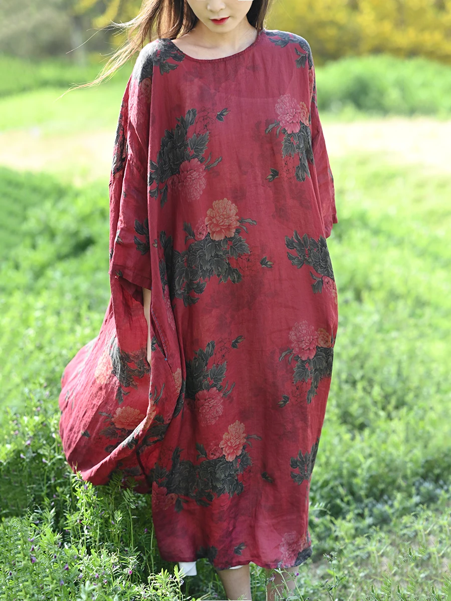 

New Chinese Style Loose Women's Long Dress Ethnic Wind Dreamy Hemp Material Seven Sleeve Length round Neckline H Type Bodycon