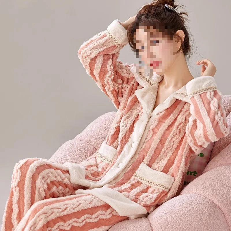 

Autumn Winter Thickened Coral Fleece Pajamas Set Women's Suit Loungewear Cute Flannel Long-sleeved Cardigan Sleepwear Pants 2PCS