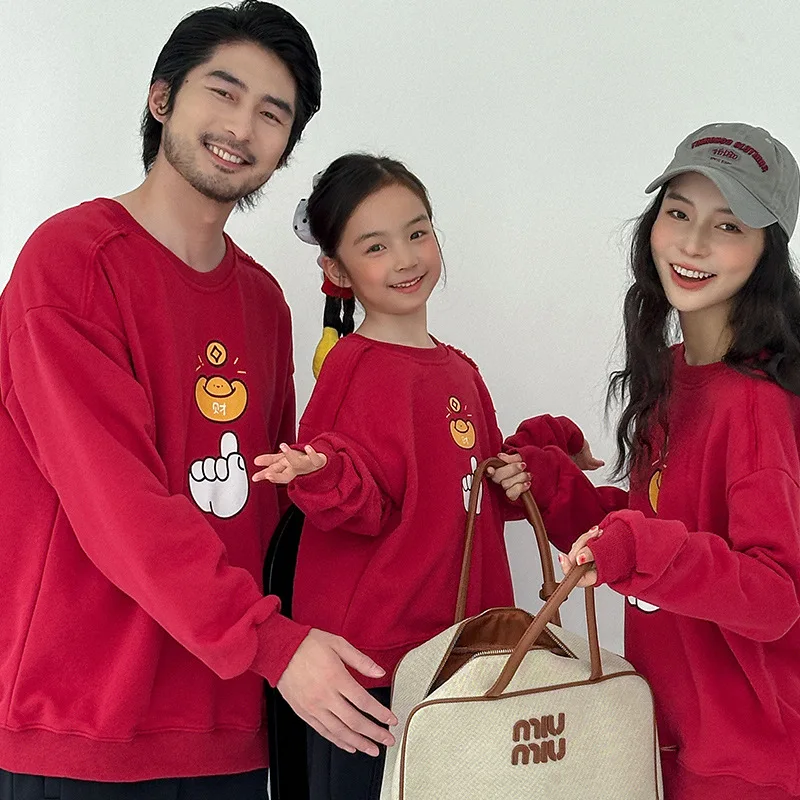 2025 Family Matching Red Round Neck Sweatshirts Cartoon Print Parent-child Set New Year Outfits Mom & Daughter Casual Warm Tops