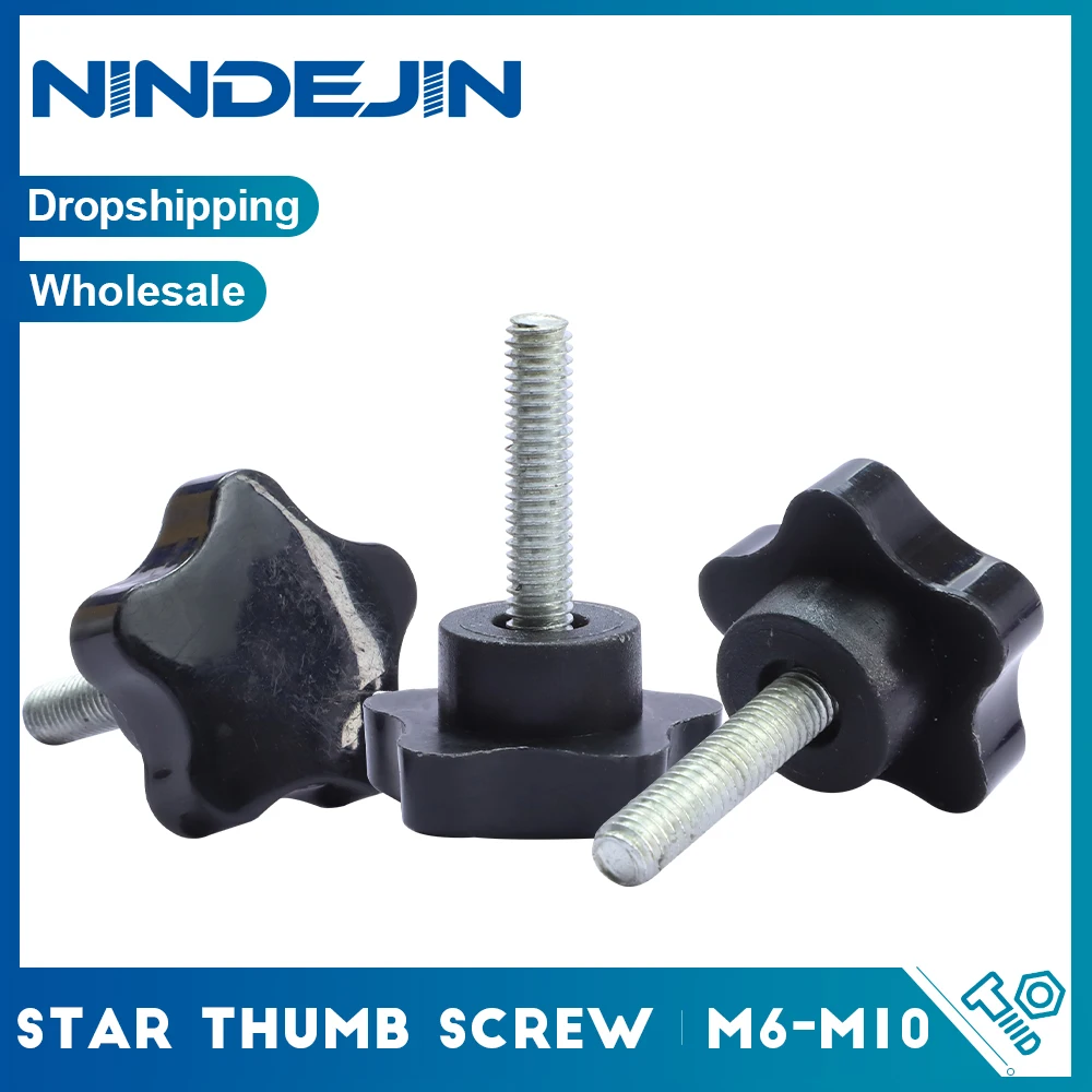 NINDEJIN 2/5pcs Star Shape Clamping Handle Screw Bolt M6 M8 M10 Carbon Steel Plastic Handle Star-Shaped Plum Hand Tighten Screw