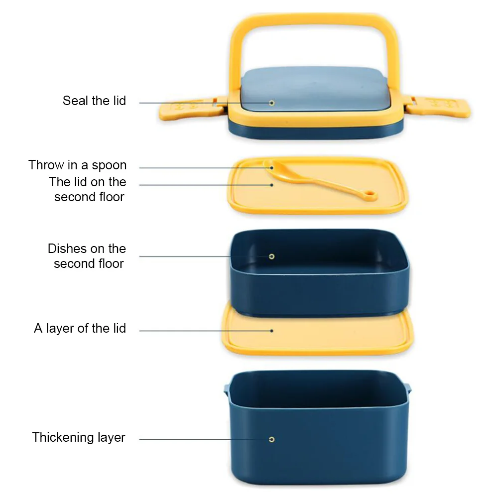 

1Pcs Plastic Portable Lunchbox Double Layer 1.3L Leakproof Spoon Included for Office School Picnic Meal Container
