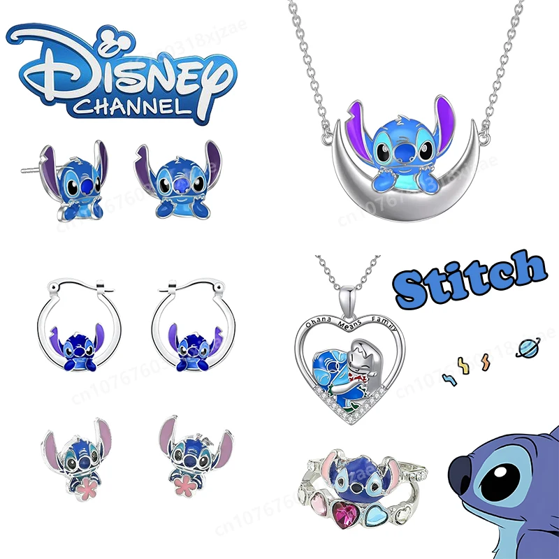 

New Disney Stitch Necklace Earrings Rings Set Cartoon Figure Kawaii Friendship Jewelry Fashion Pendant Children's Birthday Gifts