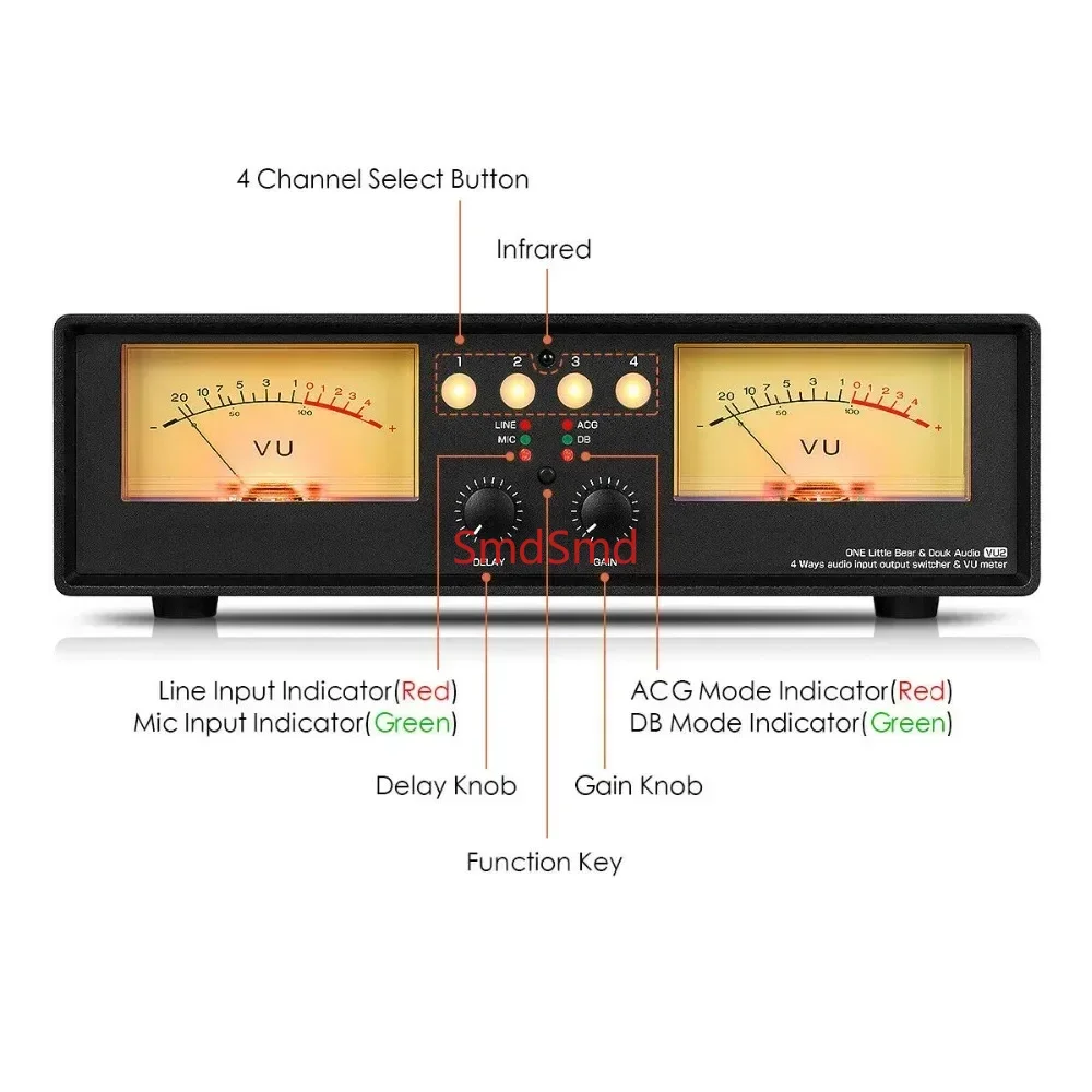 Analog Dual VU Meter MIC+LINE Stereo Music Spectrum Display Sound Level Indicator 4-Port Audio Splitter Switcher Box