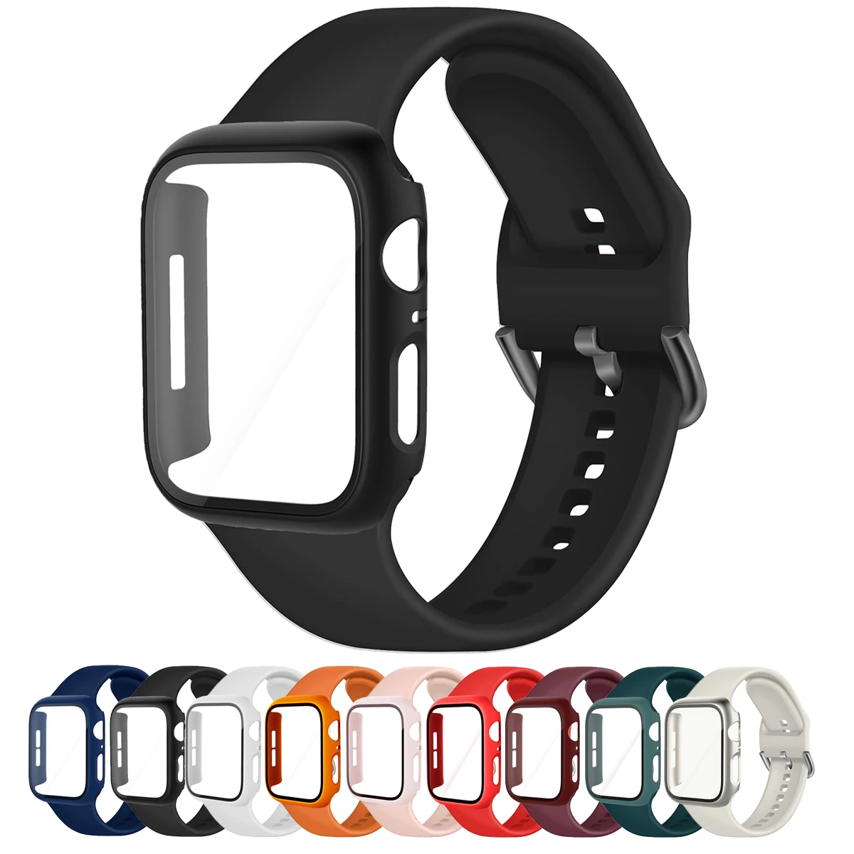 Silicone Strap+case for Apple Watch Band 45mm 41mm 44mm 40mm Screen protector and Sport Bracelet IWatch Series 9 8 7 6 5 4 SE