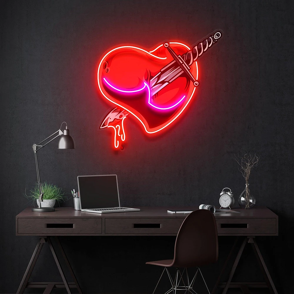 Heart Sword Neon Light Sign Acrylic Artwork for Living Room Bedroom Wall Hanging LED Lights Personalized Home Bar Decor Signs