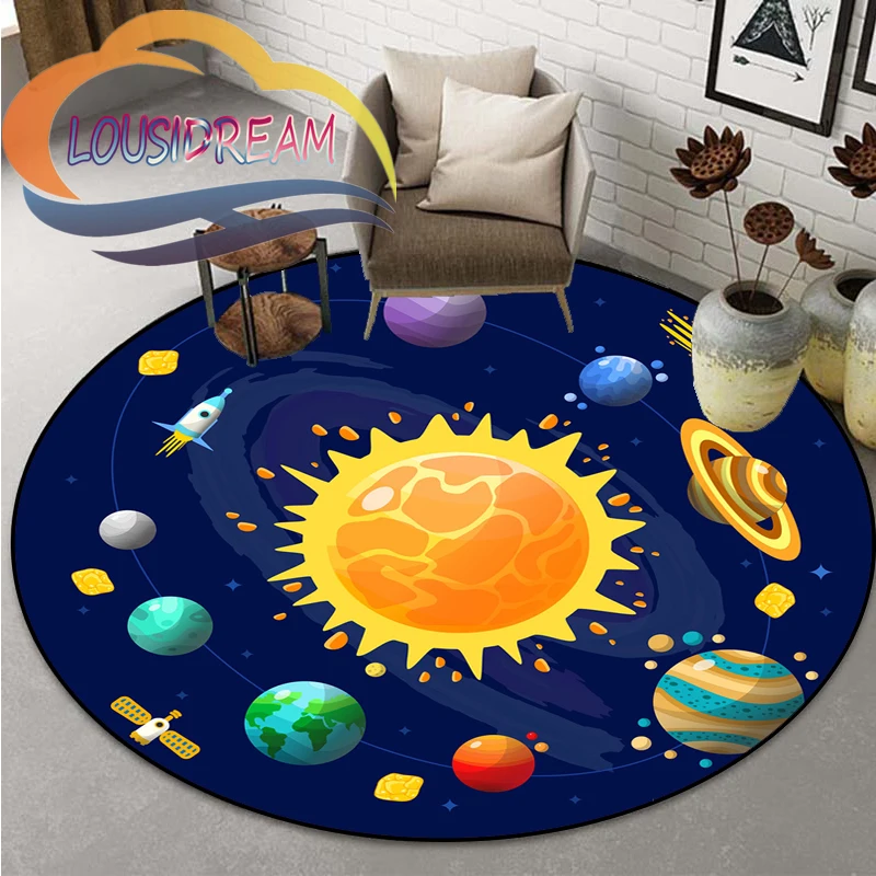 Espaço Universo Round Bedroom Floor Mat, Computer Chair Area Decoração Tapetes, Vector Ufo e muitos planetas na galáxia