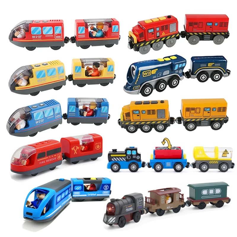 Battery Operated Locomotive Electric Train Set Diecast Magnetic Locomotive Slot Toy Fit For Wooden Rail Track Toys Kids Gift W02