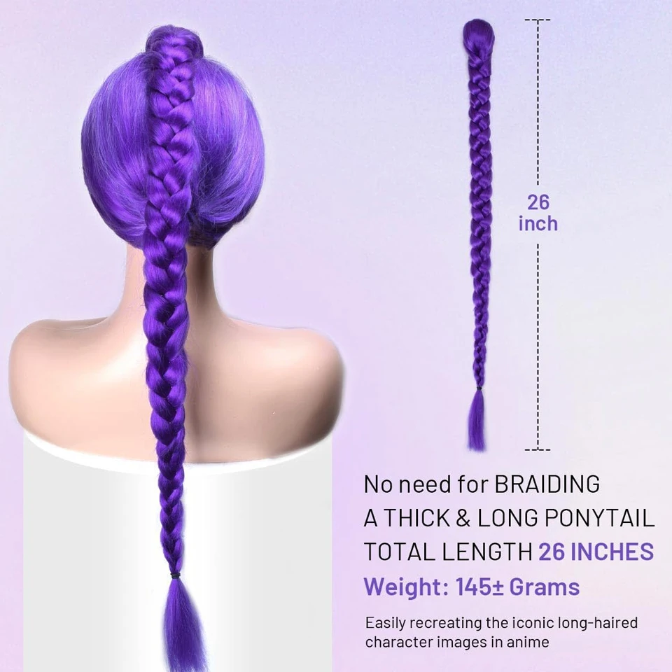 Rabo de cavalo de cabelo roxo trançado sintético, fantasia rumi, rabo de cavalo longo de 26 polegadas com clipes para crianças, meninas, dia das bruxas, natal