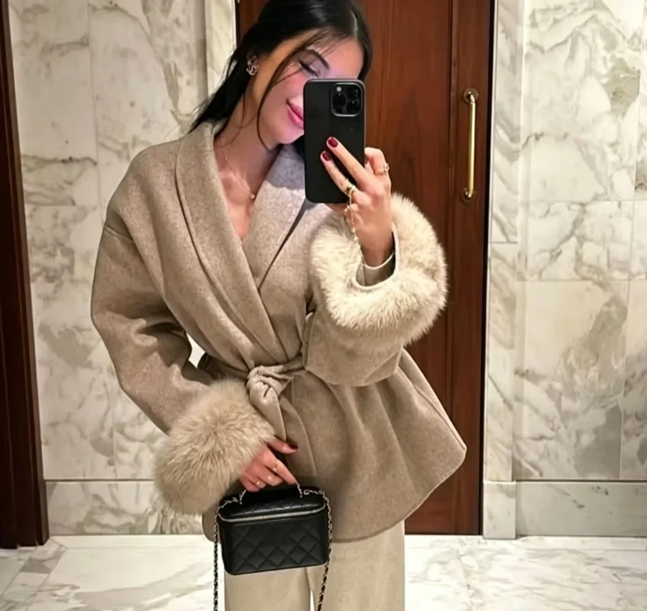 Fuchspelz-Wollmäntel für Damen, kurze Mäntel, Bürodame, abnehmbarer, eleganter doppelseitiger Wollmantel, 2025, neue Strickjacke