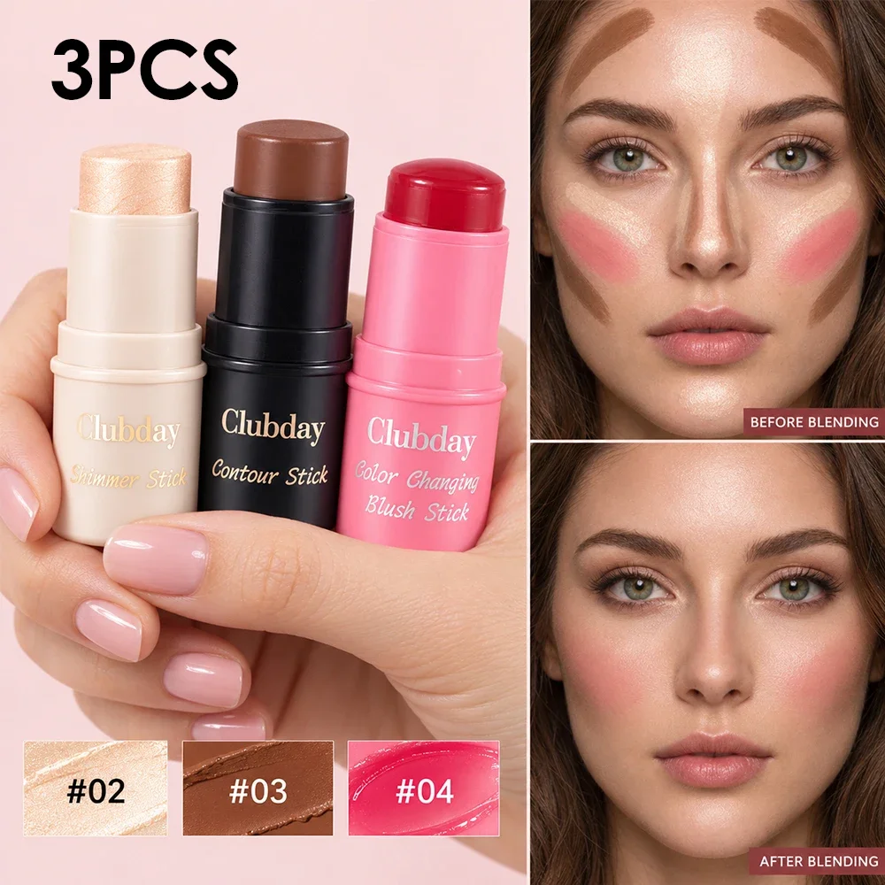 3Pcs Cream Makeup Stick Set, Blush Highlighter Contour Stick, Smooth Cream Texture Face Makeup