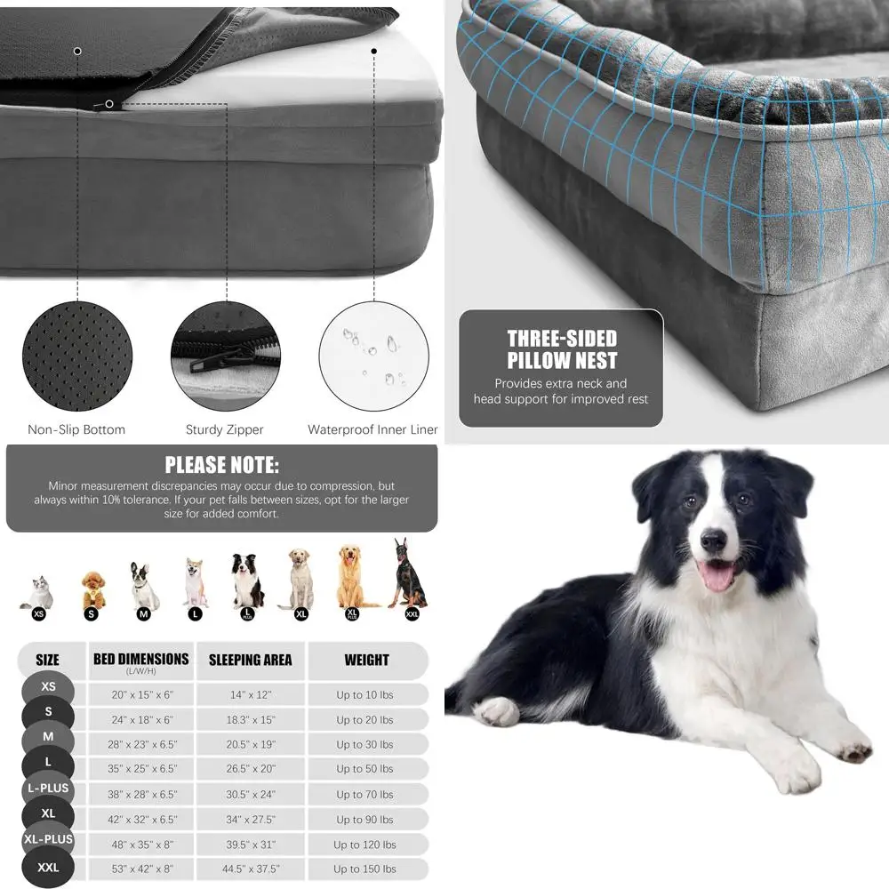 

Большой ортопедический диван-кровать для собак с боками, поддерживающий пенопластовый диван, моющийся чехол, водонепроницаемый, нескользящий, серый - L-Plus