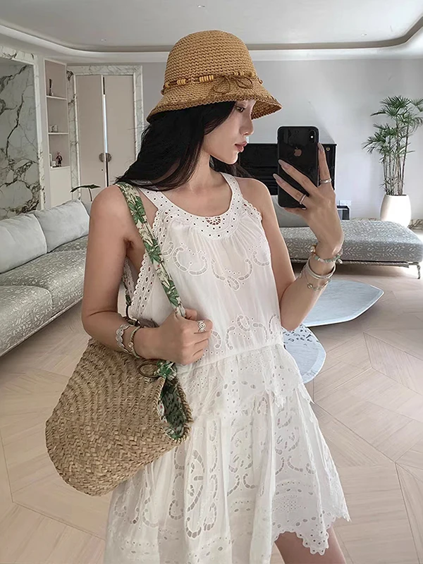 

Fashionable Hollow out Short Dress with Neck Hanging Design And Lace Trim High Waist A-Line Skirt Cotton Material Summer Wear