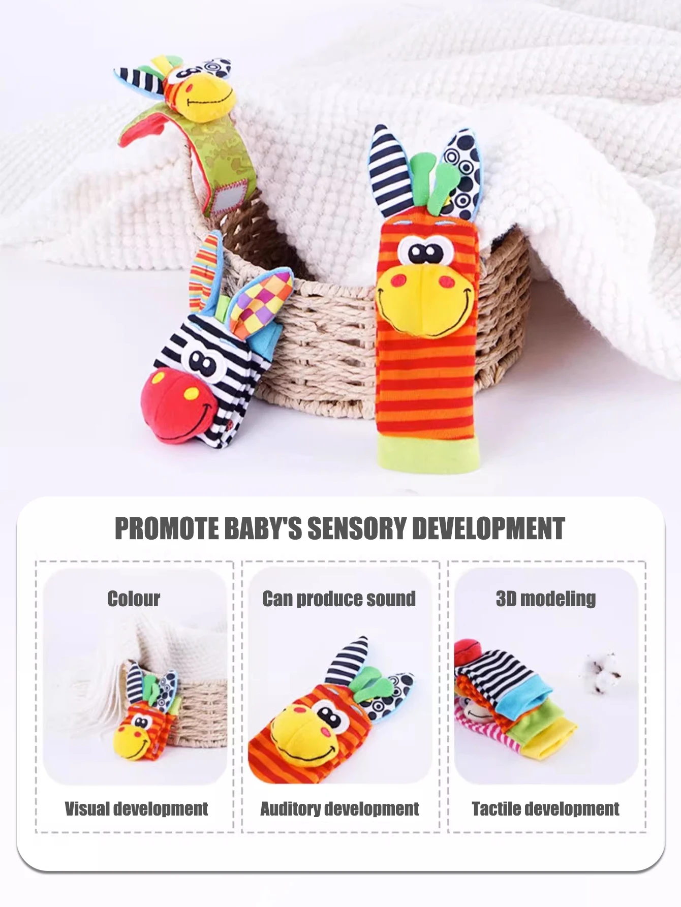 1Set of 4pcs 2 socks and 2 wrist straps Baby Early Sensory Toys  Cartoon Animal Wrist Ring Socks Baby Wrist Band Socks Set