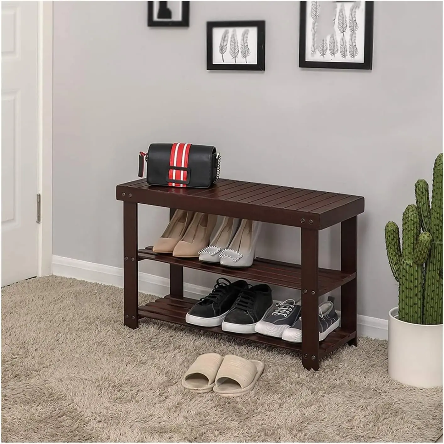 

3-Tier Bamboo Shoe Rack Bench, Entryway Storage Organizer Stand for Front Door Bedroom Living Room Brown