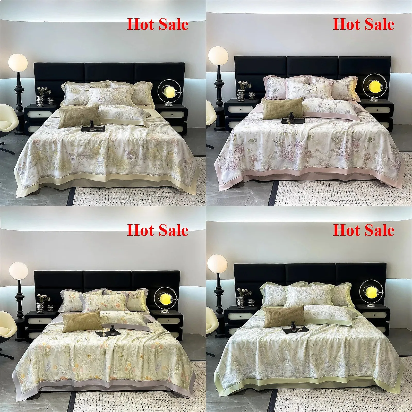 4-Piece Washable Lyocell Summer Duvet Set with Floral Print & Hollow Edge, Cooling Air Conditioning, Green/Pink/Gray