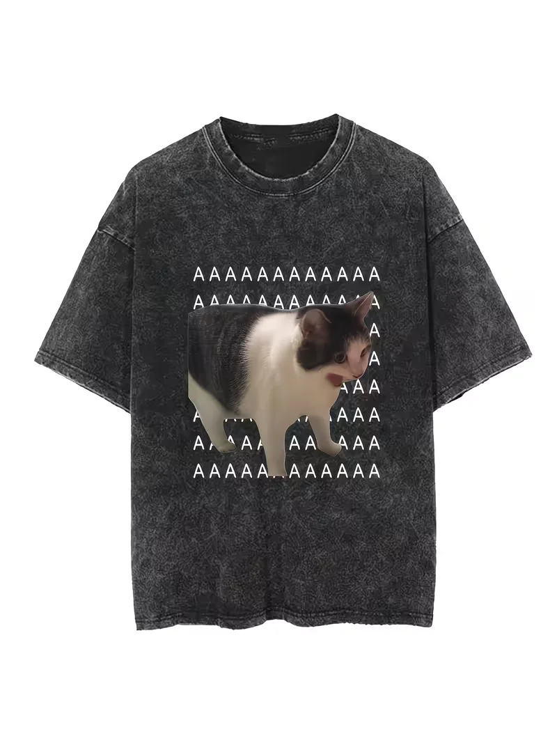 Camiseta con estampado de meme de gato chillón divertido 'AAAAA' con efecto acid wash, estilo vintage, con diseño de gato lindo, oversize, streetwear, tops casuales para hombre y mujer