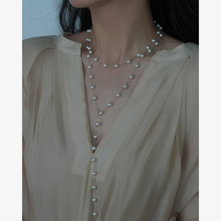 Layered Round Bead Body Chain Delicate Y Shape Lariat Strand Graceful Long Draping Collar Charm Dress Decor Costume Jewelry