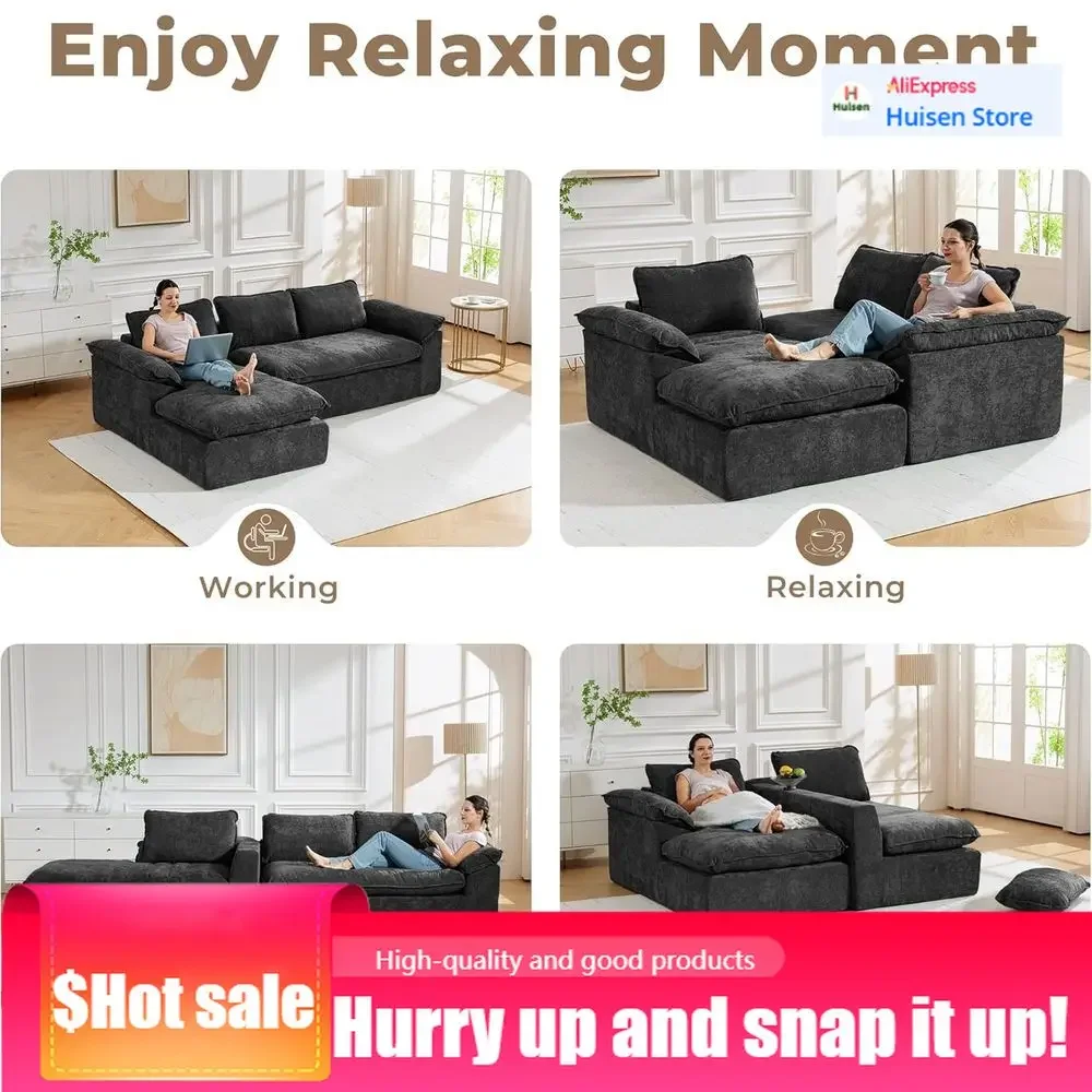 

Современный диван Mid-Century Modern 107.5 L-образной формы, мягкий как облако, 3-местный секционный диван с оттоманкой, глубокое сиденье, простая сборка, черный шенилл