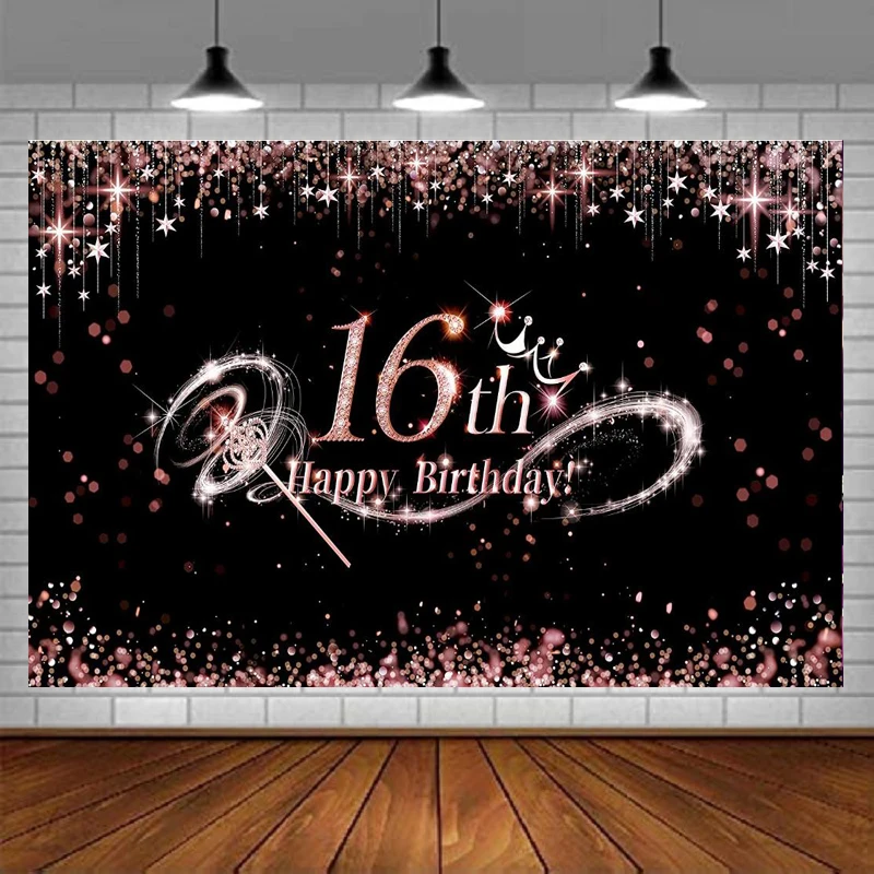 

Rose Gold Photography Backdrop For Girls 16 Year Old 16th Birthday Sweet Party Background Decor Sixteen Sign Banner Party