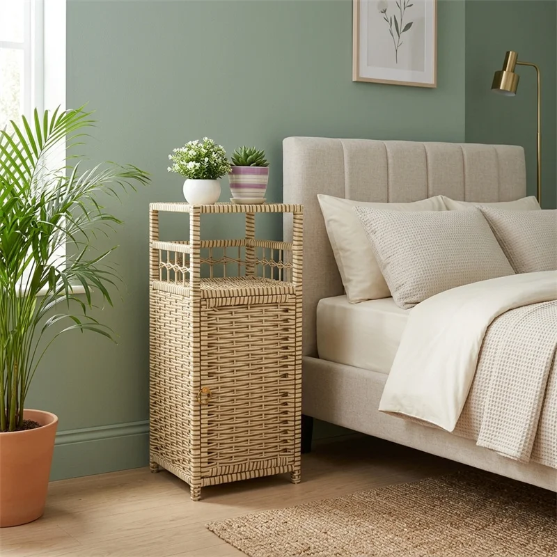 Vintage Handwoven Nightstand Bedroom Natural Wicker Small Storage Organizer Drawers Compact Design Living Room Couch Side Table