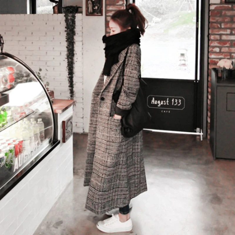 Tweed Jackets Korean High Quality Women Windbreakers Slim Autumn Winter New England Style Plaid Trench Single Button Mid Long