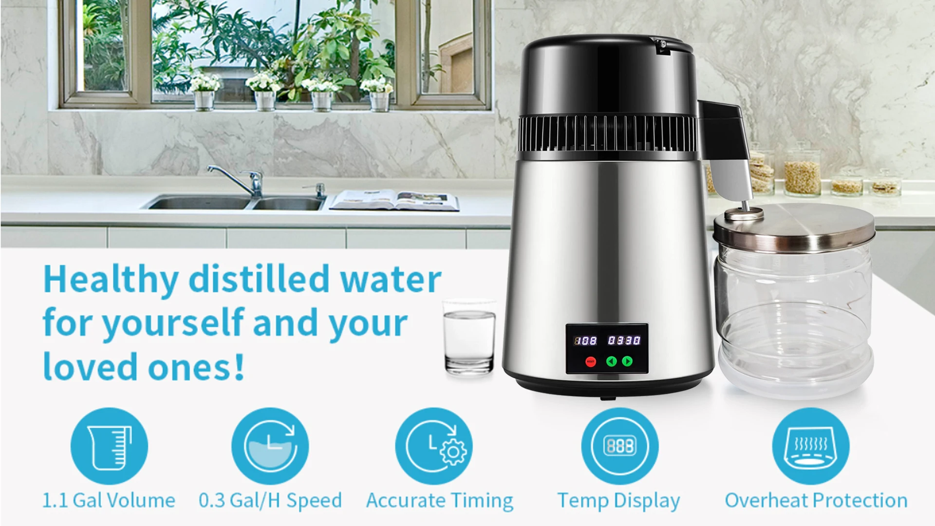 Water Distiller Pure Water Purifier Filter For Home Countertop4L 1.05 Gallon 750W Stainless Steel Interior Distiller