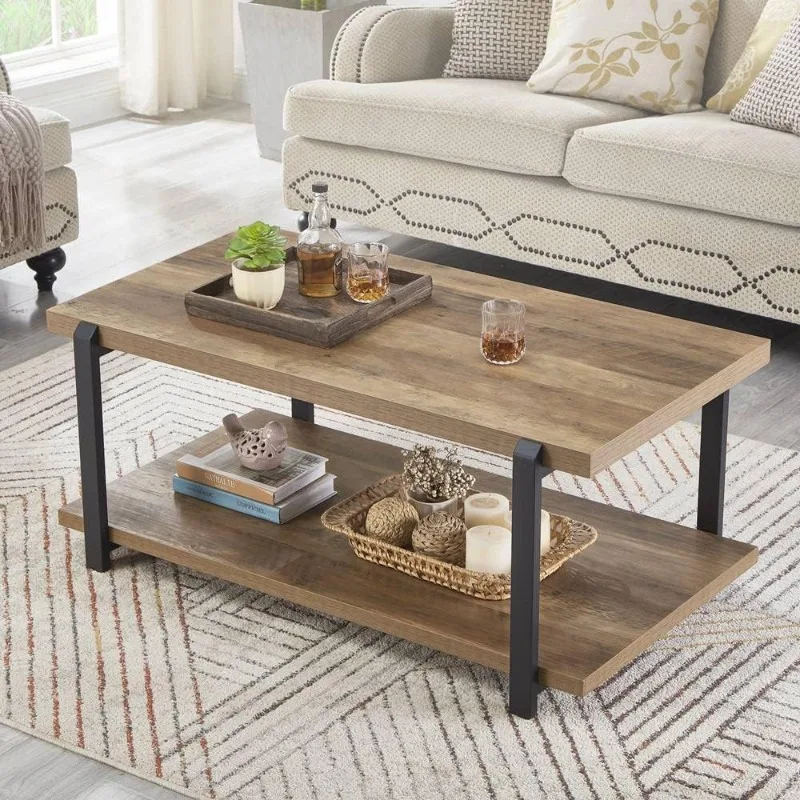 Industrial Coffee Table with Shelf, Wood and Metal Rustic Cocktail Table for Living Room, Oak