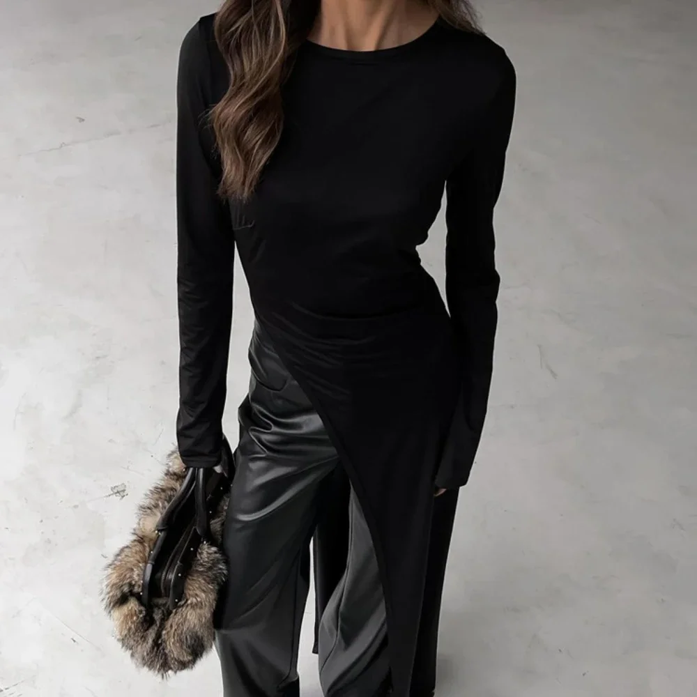 TWOTWINSTYLE Solid Slimming Split Sexy Dresses for Women Round Neck Long Sleeves Irregular Temperament Dress Female Clothing New