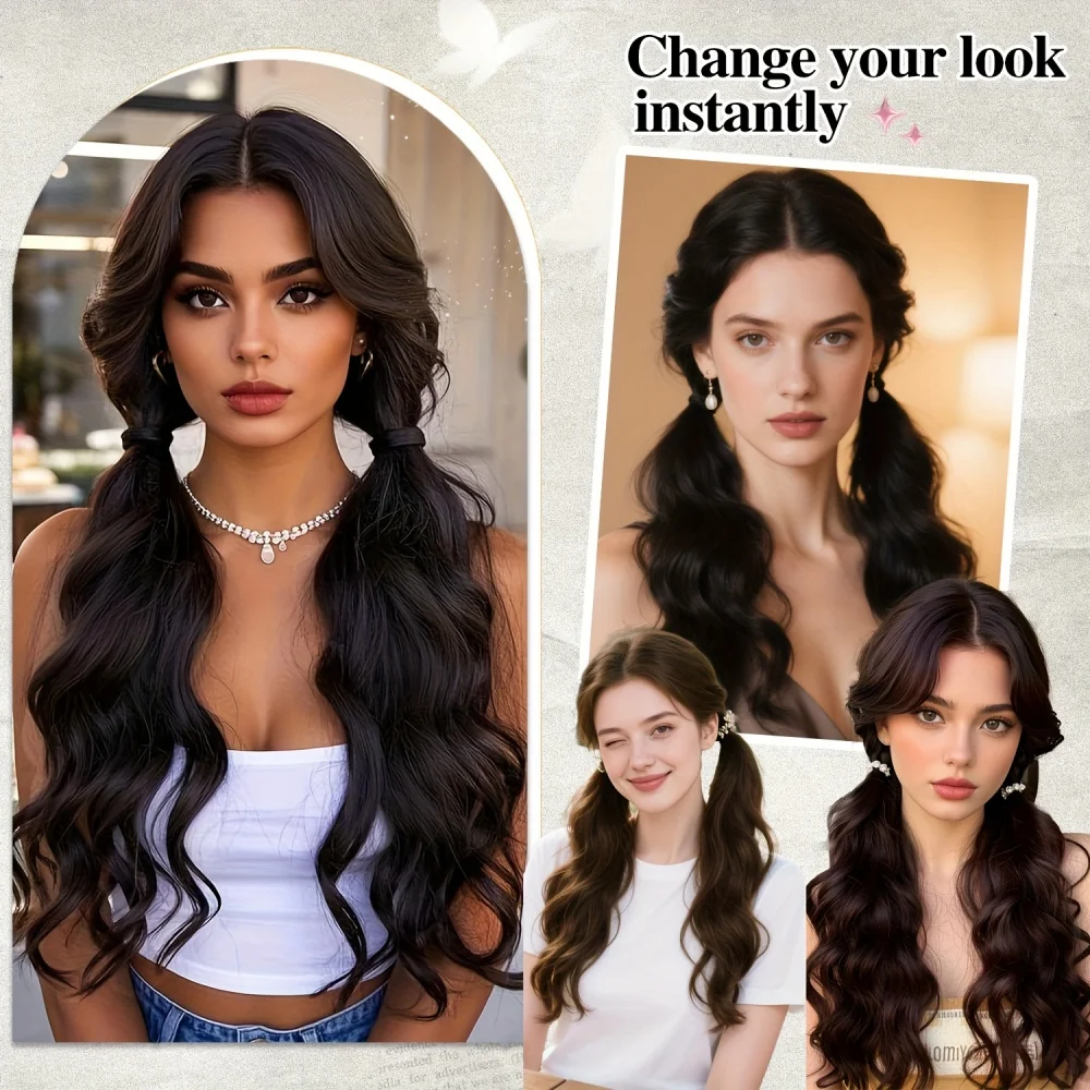 OLACARE 2PCS Synthetic Wig Ponytail Long Wavy Ponytail Hair With High Elasticity Rubber Band Heat Resistant Hairpiece Daily Use
