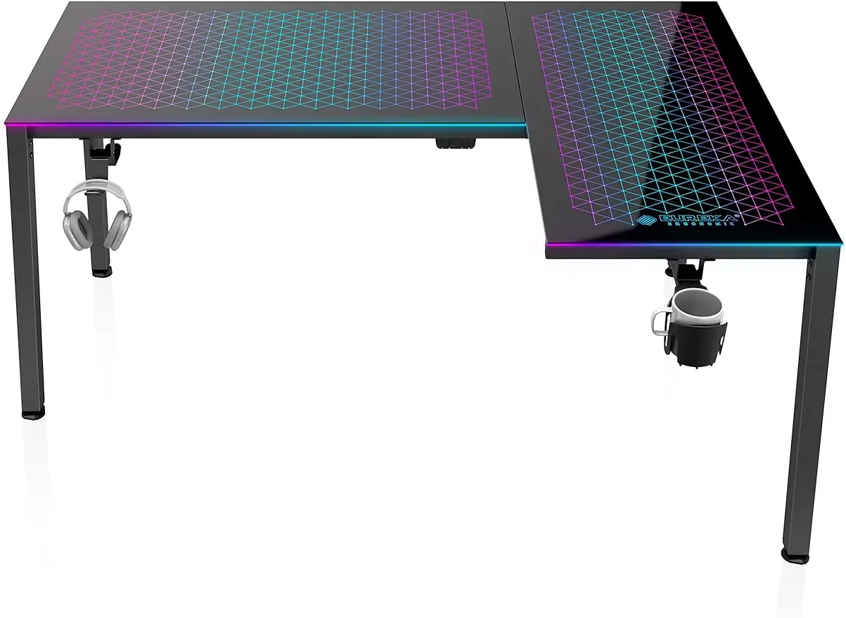 EUREKA ERGONÔMICO-Music Sensing RGB Luzes LED, Glass Gaming Desk, 60 "L Shaped Top reversível, Casa e Escritório