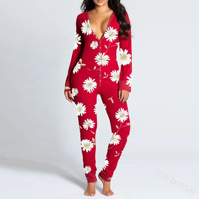 Sexy Pyjama Women\'s Jumpsuit Suit Button-down Front Back Butt Bum open Ass Flap Jumpsuit Loungewear Christmas Print Buttoned NEW