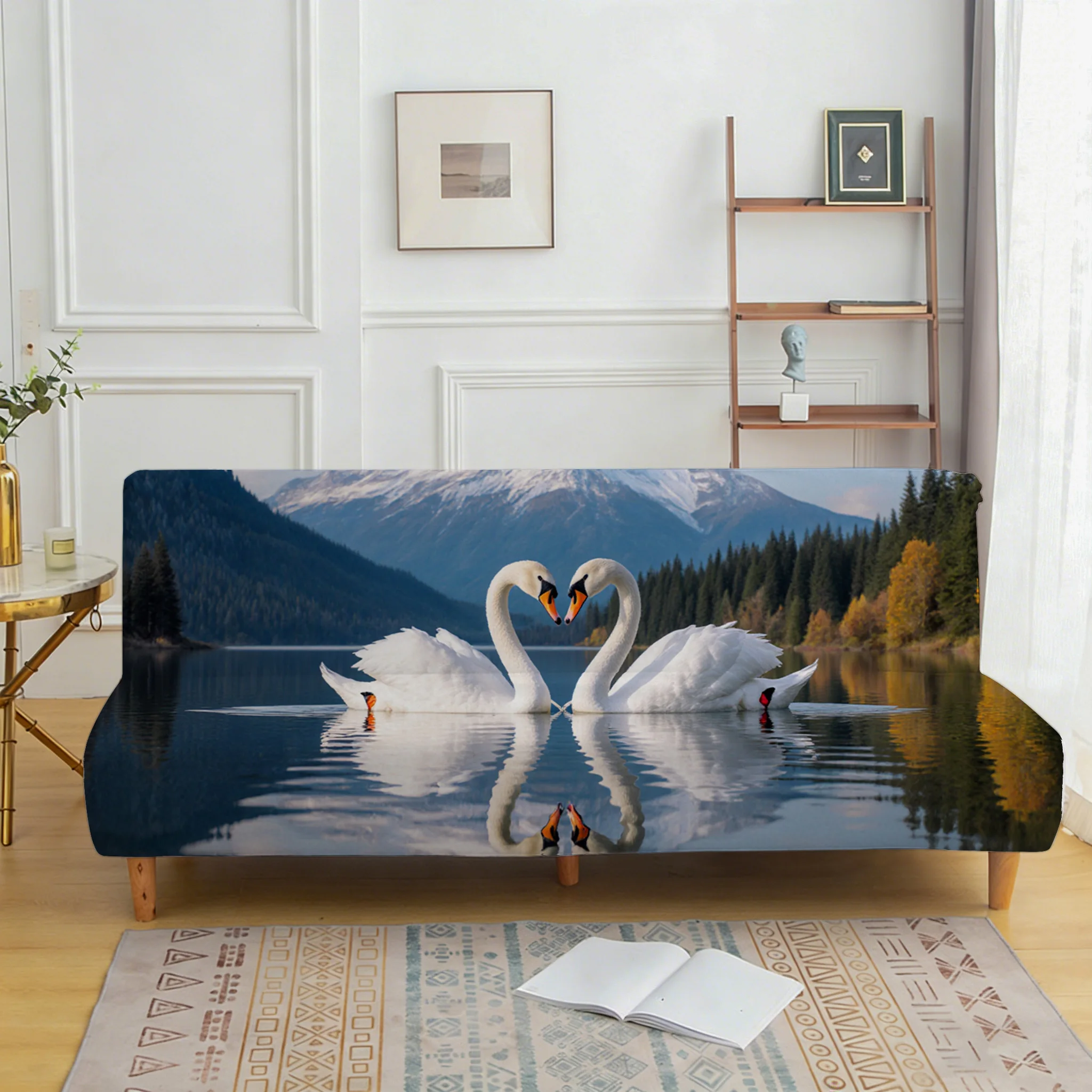 All-inclusive elastic scratch-proof sofa bed cover, Swan Lake view sofa bed cover, easy to install, machine washable