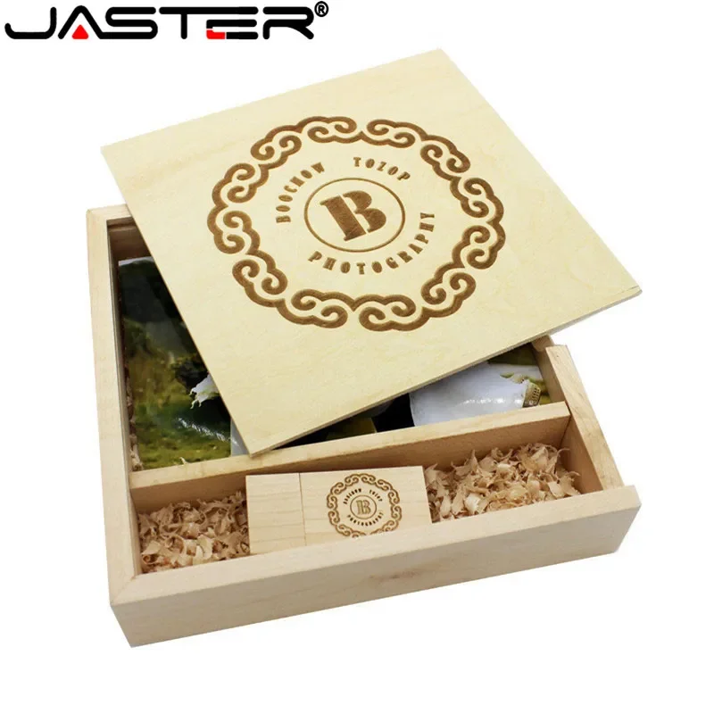 JASTER (1 Buah Gratis LOGO) Foto Album Unik USB + Kotak Kayu Walnut Pendrive USB Flash Drive 8GB 16GB 32GB 64GB(170*170*35 Mm)