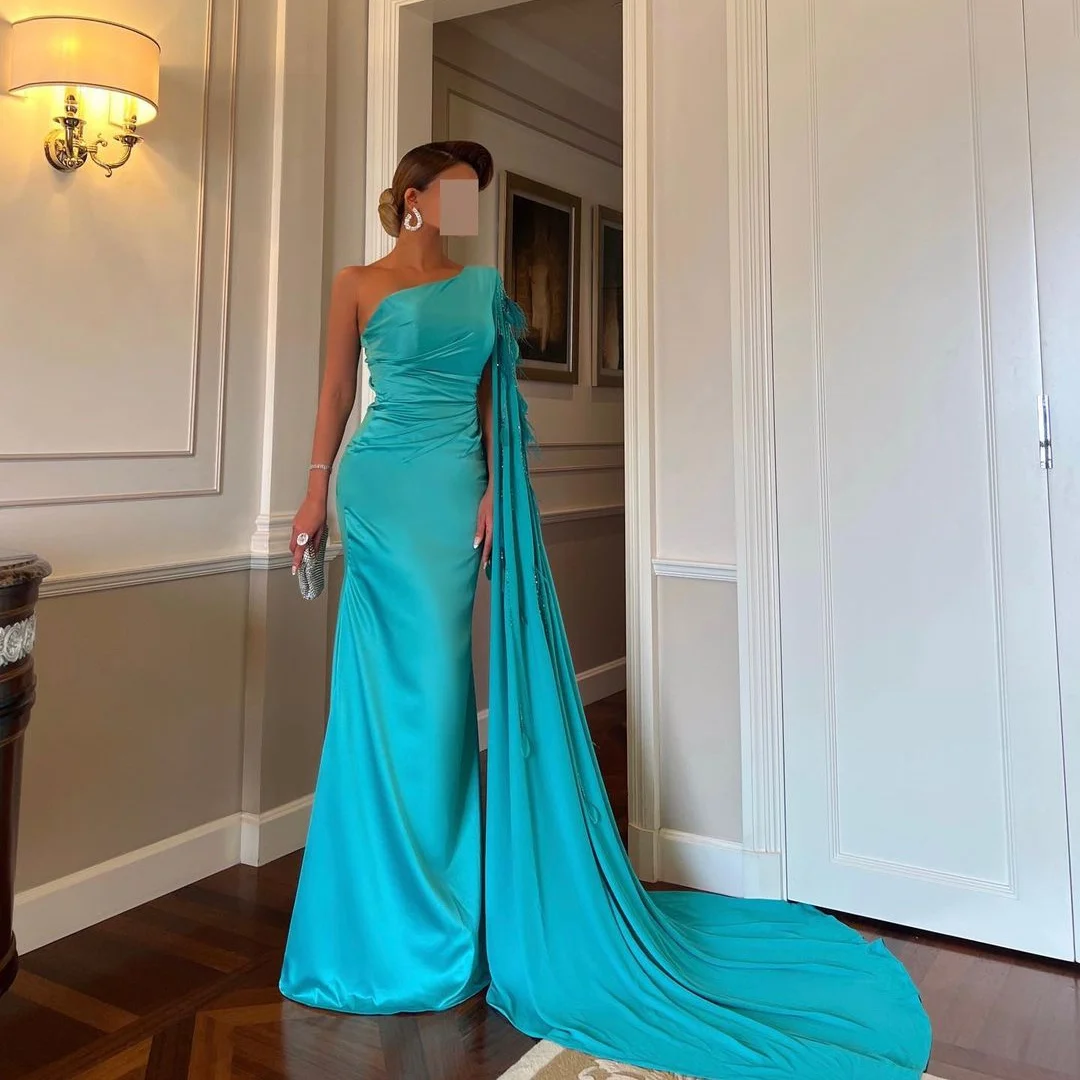 

OIMG One-Shoulder Prom Dresses Sleeveless Saudi Arabic Women Satin Blue Feathers Evening Gowns Occasion Formal Party Dress