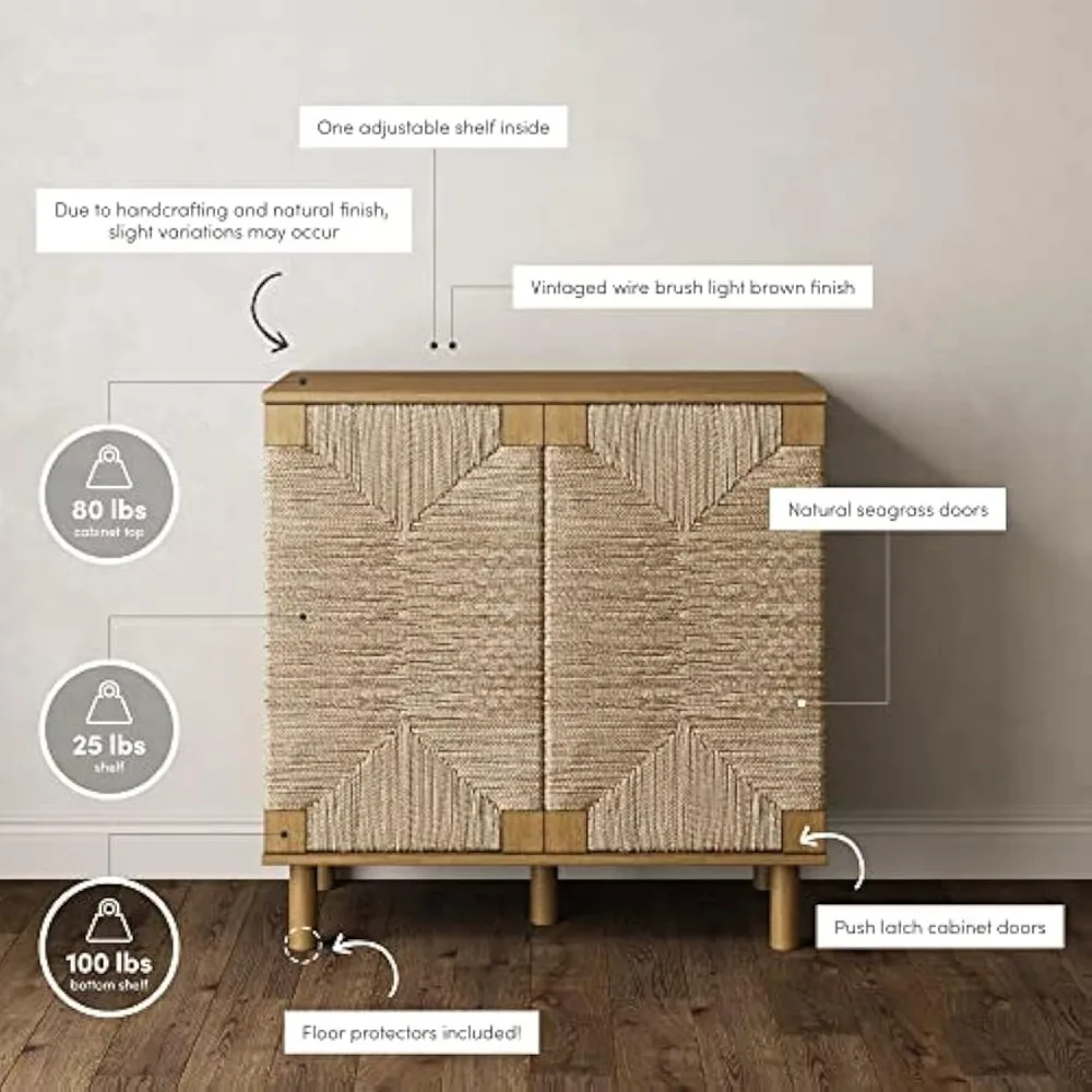 Sideboard with adjustable internal shelves and seagrass doors, suitable for corridors, entrances or dining rooms, light brown