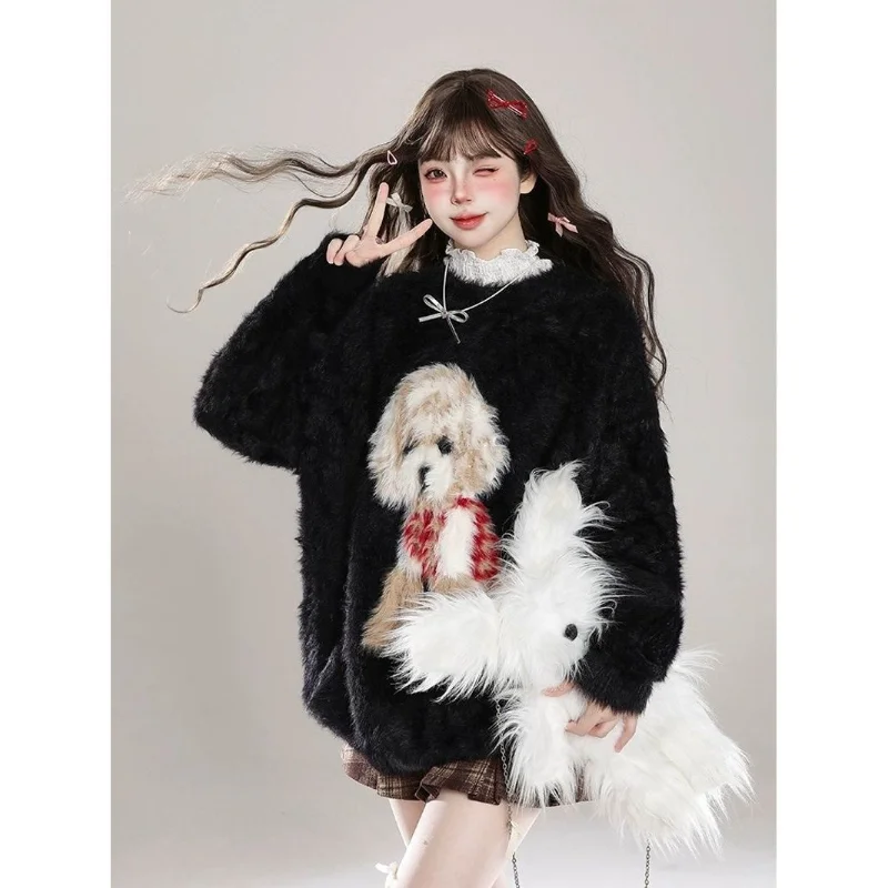 Cartoon Puppy Mink Velvet Sweater for Women Autumn Winter Loose Soft Waxy Lazy Style Mid-length Casual Sweater Top